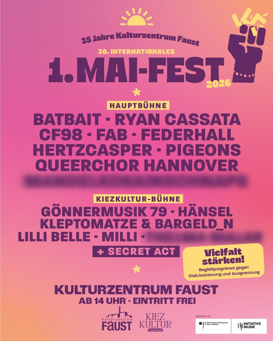 Plakat zum Internationalen 1. Mai-Fest 2026 im Kulturzentrum Faust in Hannover