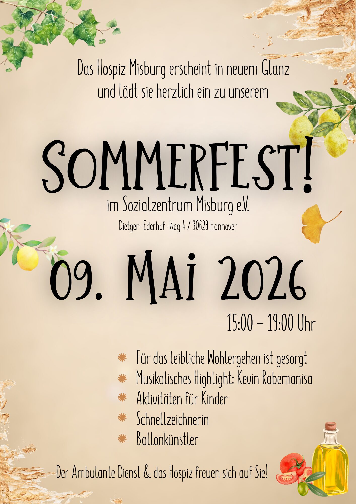 Plakat Sommerfest Hospiz Misburg am 09. Mai 2026 im Sozialzentrum Misburg