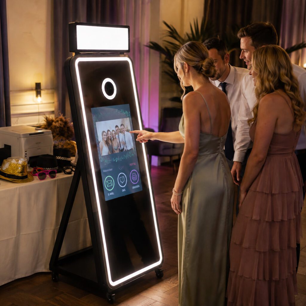 Hochzeitsgäste bedienen einen beleuchteten Fotospiegel mit Touchscreen