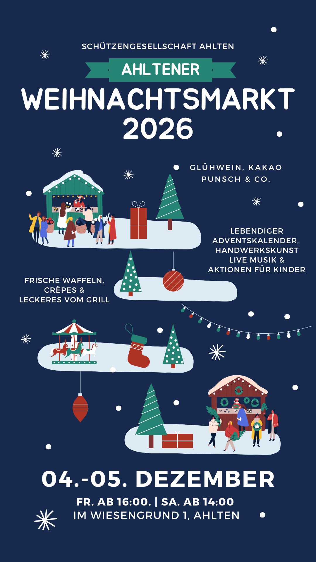 Plakat zum Ahltener Weihnachtsmarkt 2026 am 04. und 05. Dezember im Wiesengrund in Ahlten